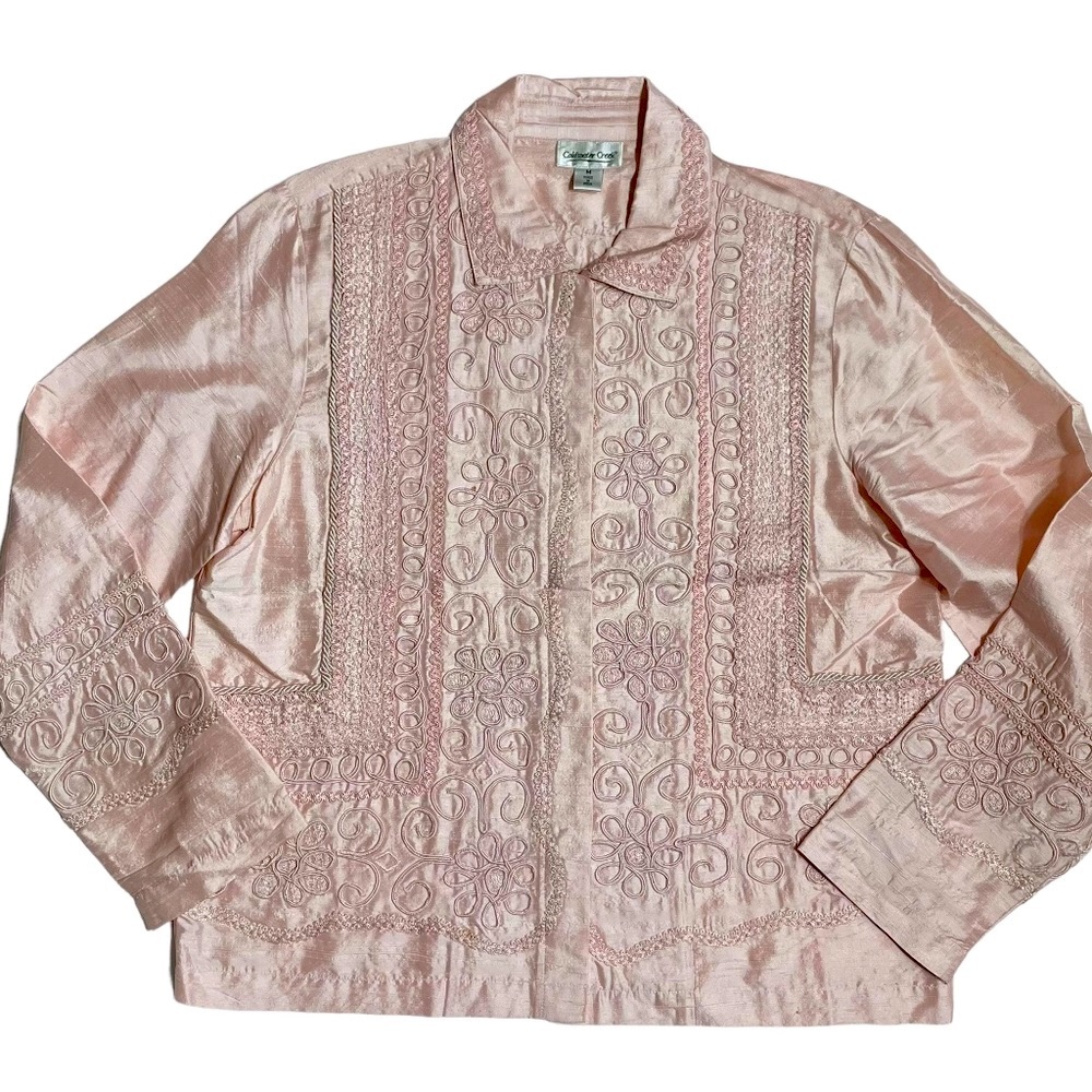 Silk Swirl Blouse M Blush Pink 100% Raw Silk Satin Applique Floral Pastel